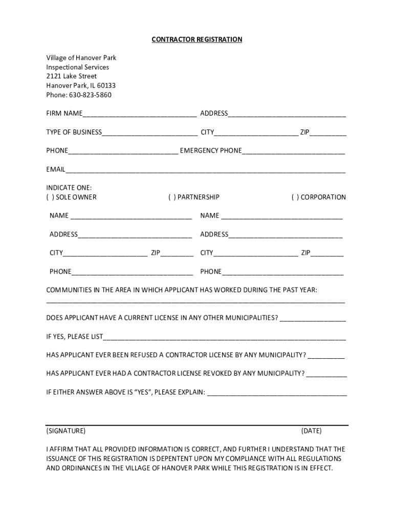 CONTRACTOR REGISTRATION Village of Hanover Park  Form