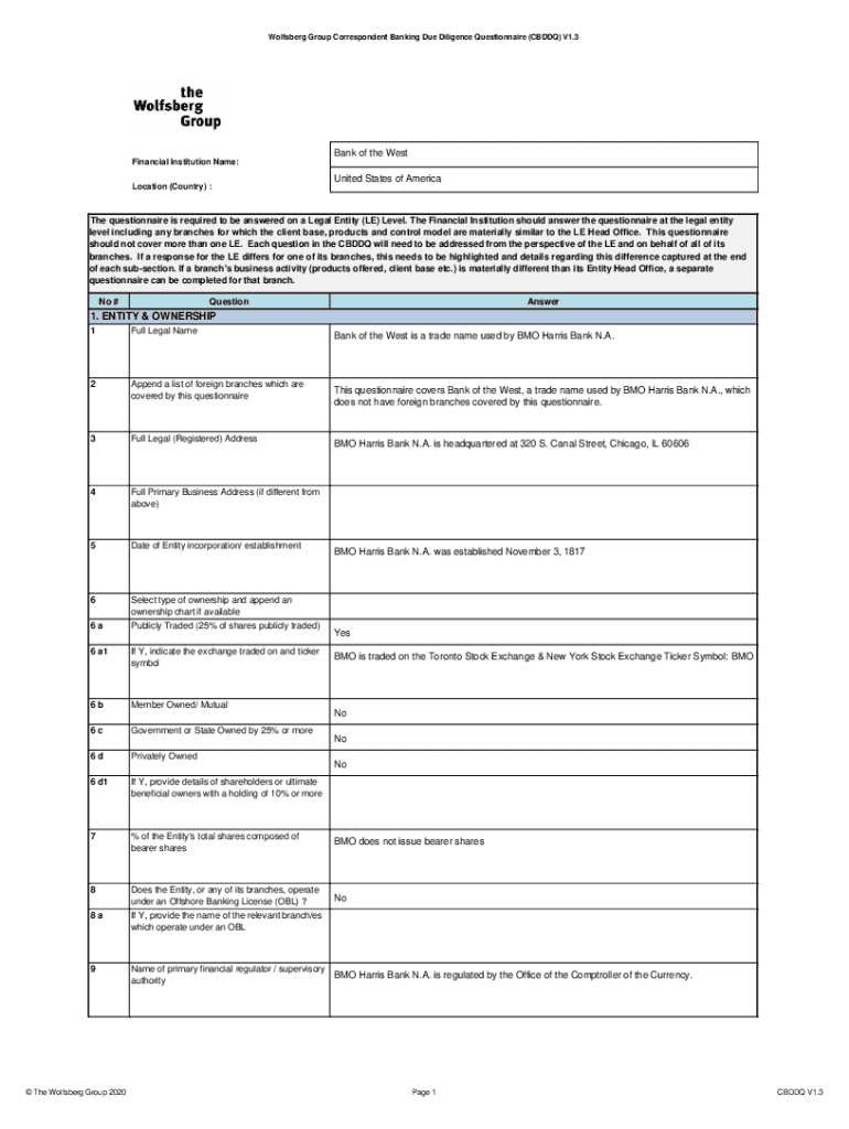Wolfsberg Group Correspondent Banking Due Diligence Questionnaire  Form