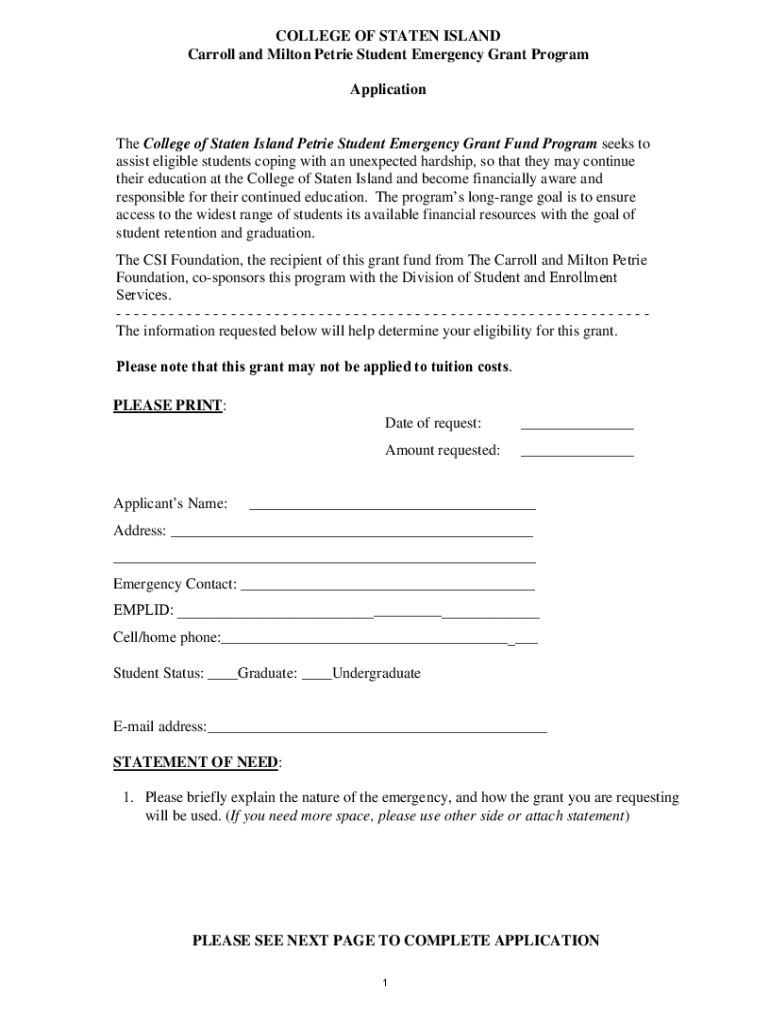 CSI Carroll and Milton Petrie Student Emergency Grant Program Application  Form