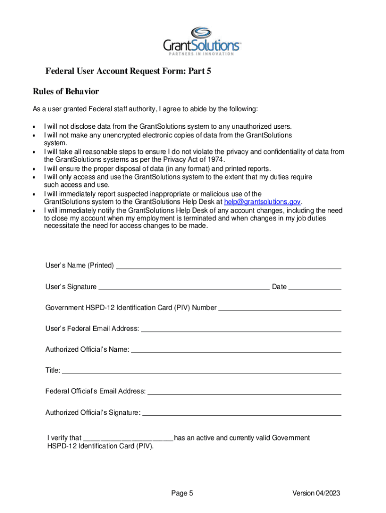  Federal User Account Request Form GrantSolutions 2023-2024