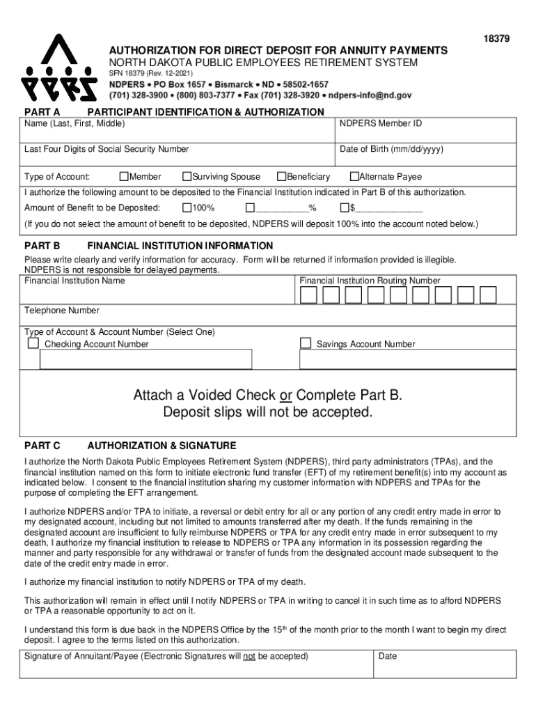 SFN 18379 Authorization for Direct Deposit for Annuity Payments  Form