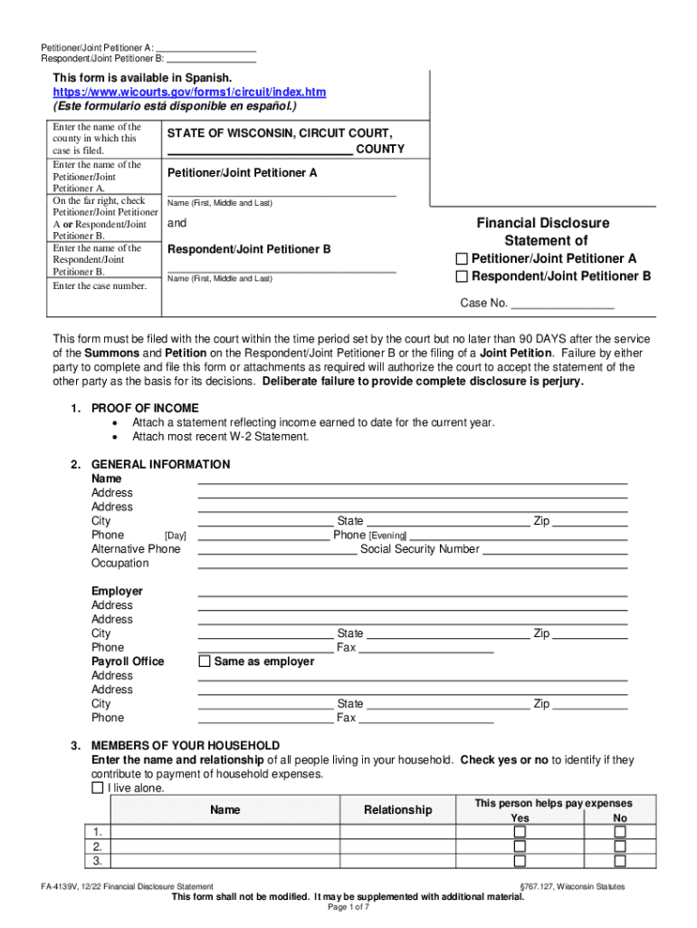  FA 4139V;Financial Disclosure Statement WI State Courts 2022-2024