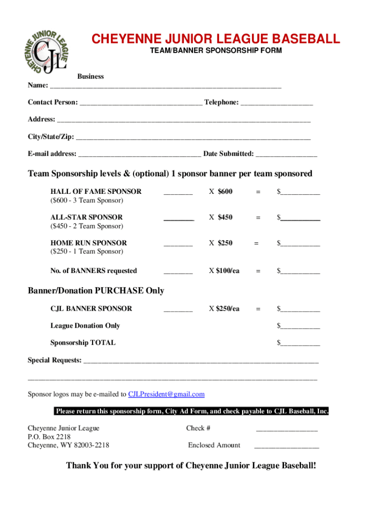 Cheyenne Junior League Baseball Fill Online, Printable  Form