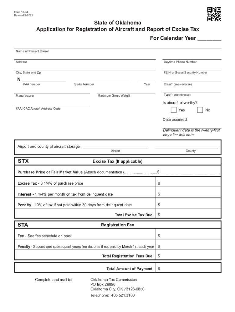  Form 13 34 After November 1, Application for Registration of Aircraft and Report of Excise Tax Aircraft Purchased on or After No 2021-2024