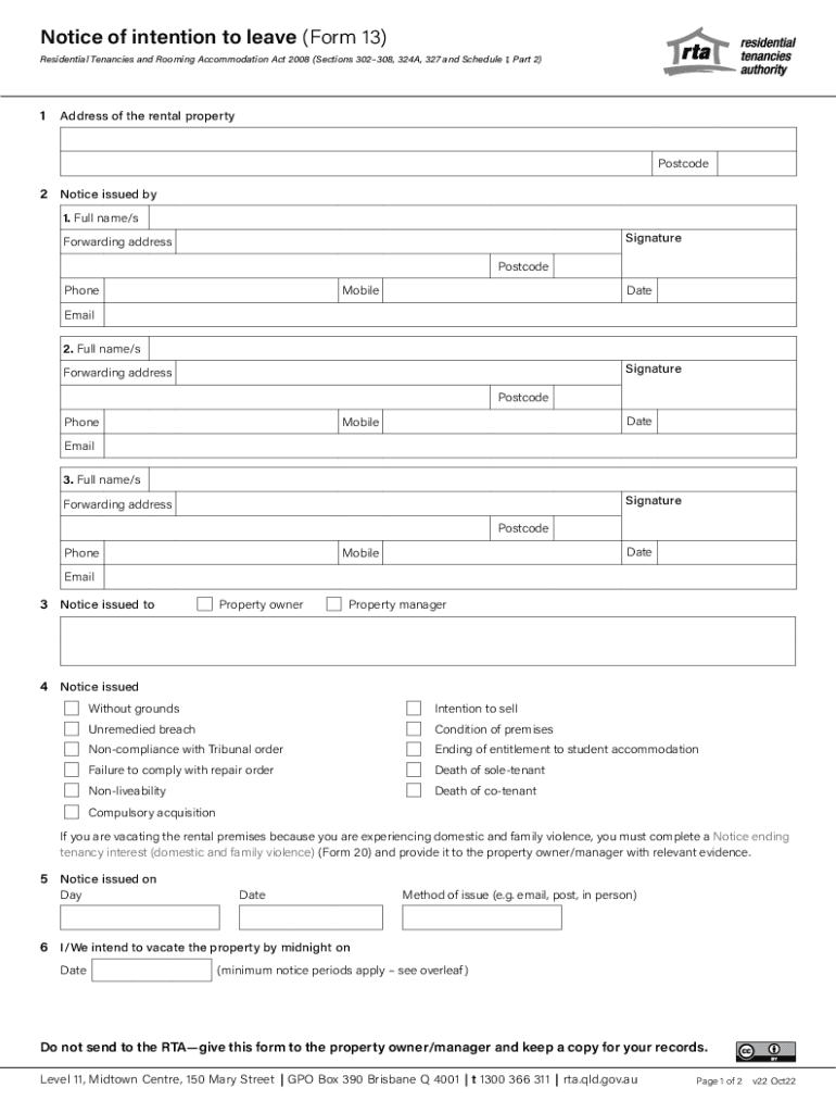  RTA Notice of Intention to Leave Form13 PDF Reset Form 2022-2024
