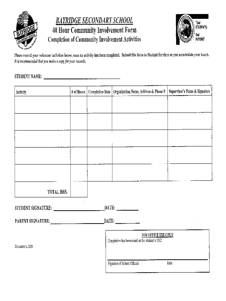 BAYRIDGE SECONDARY SCHOOL 40 Hour Community Involv  Form