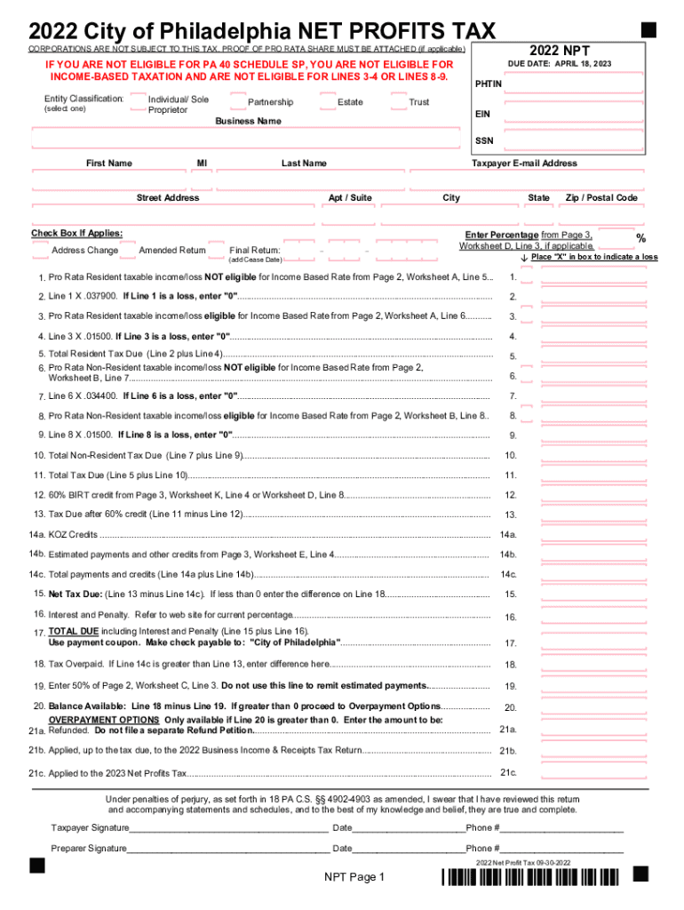 City of Philadelphia NET PROFITS TAX  Form