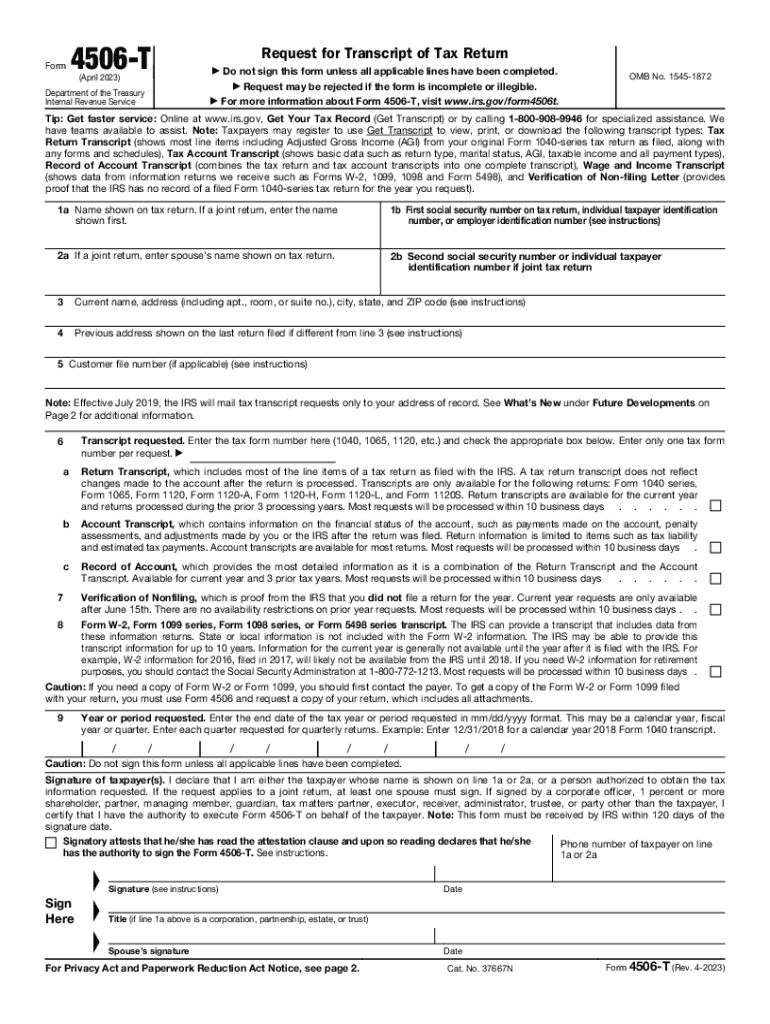  Form 4506 T Request for Transcript of Tax Return Official 2023-2024