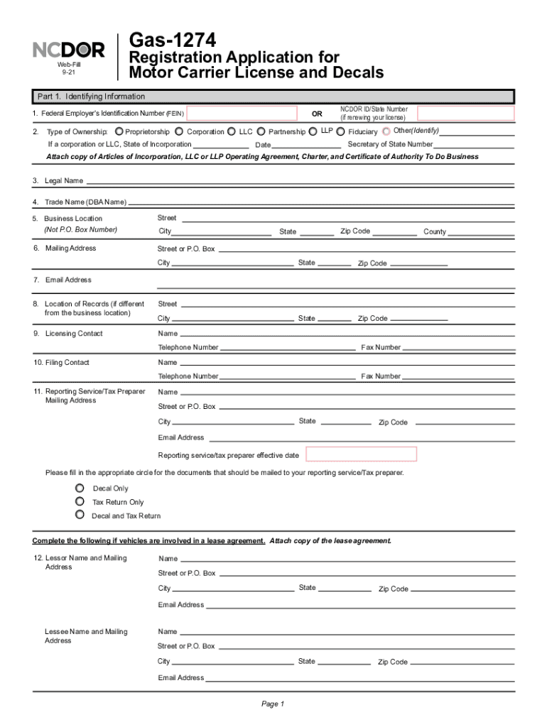 Gas 1274 Registration Application for Motor Carrier License and Decals  Form