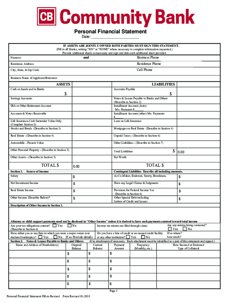 Personal Financial Statement Date IF ASSETS a  Form