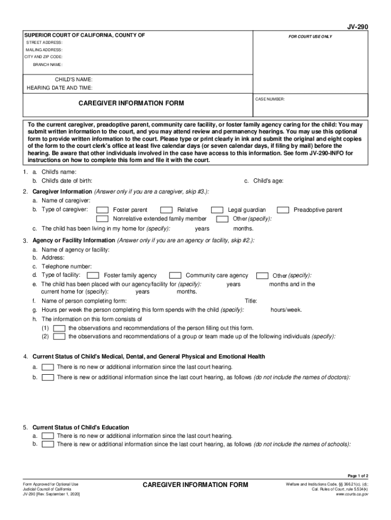  JV 290 Carefiver Information Form 2020-2024