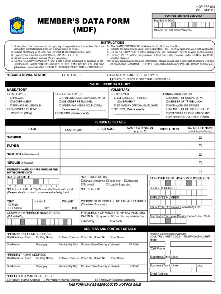  MEMBER&#039;S DATA FORM MDF 2023-2024