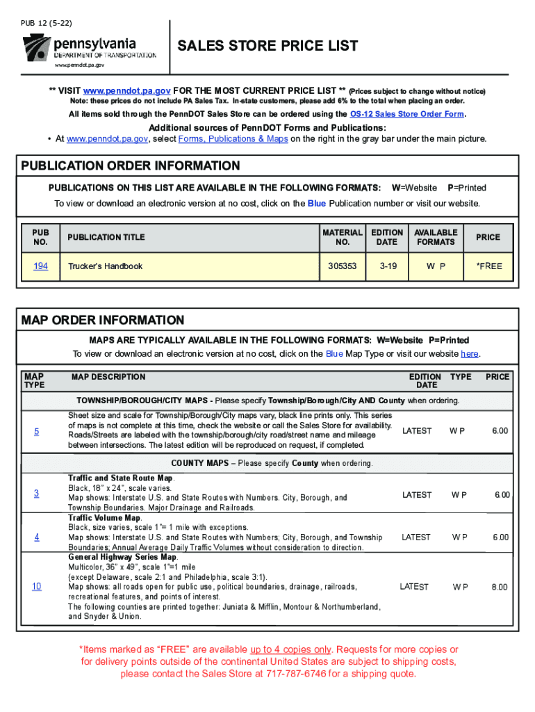  Penndot Publications and Maps Price List and Order Form 2022-2024