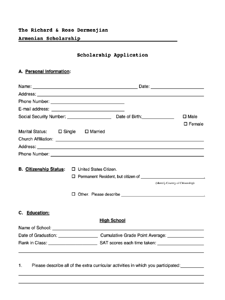 The Richard &amp; Rose Armenian Scholarship Applicatio  Form
