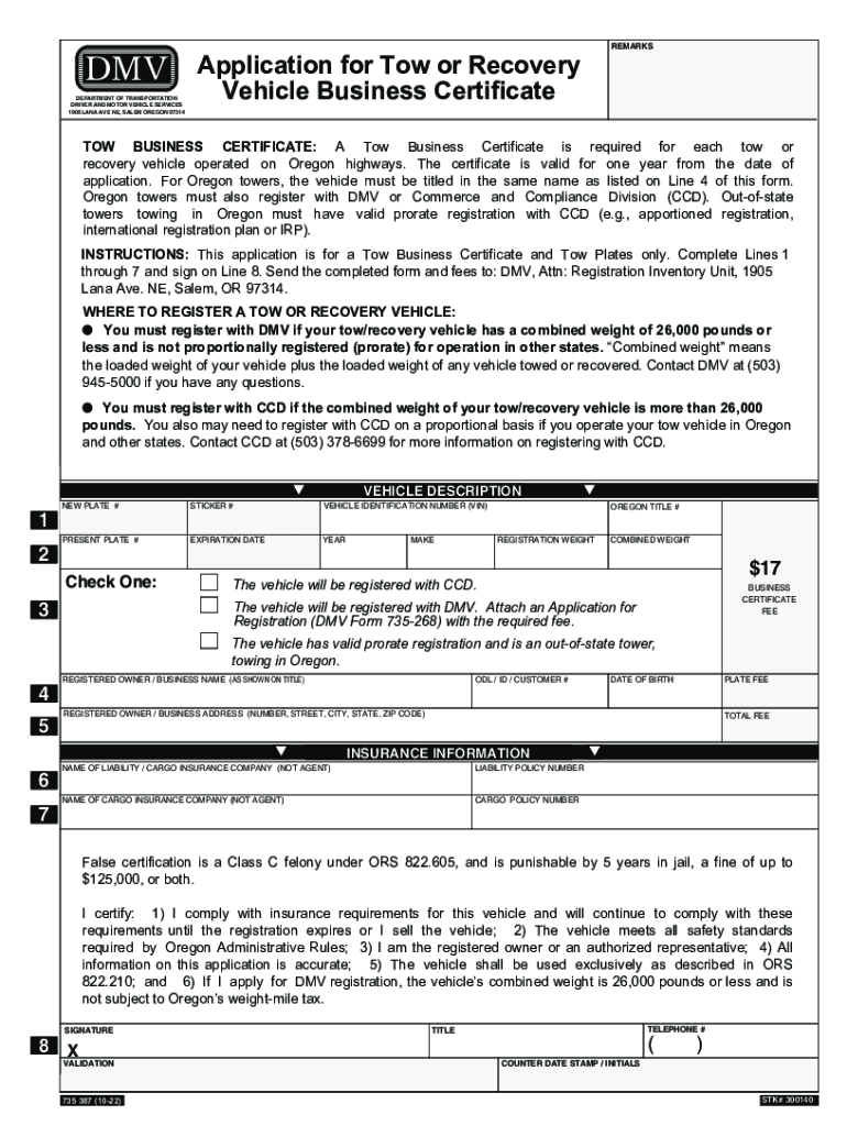  Application for Tow or Recovery Vehicle Business Certificate 2022-2024