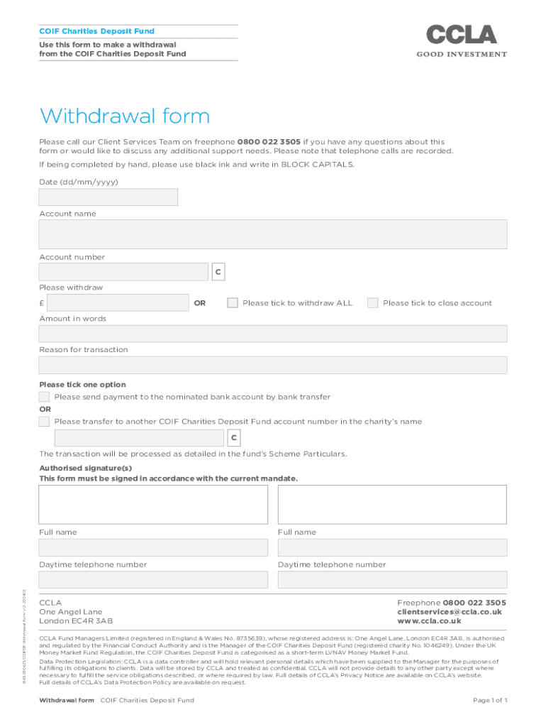  COIF Charities Deposit Fund Withdrawal Form Use This Form to Make a Withdrawal from the COIF Charities Deposit Fund 2023-2024