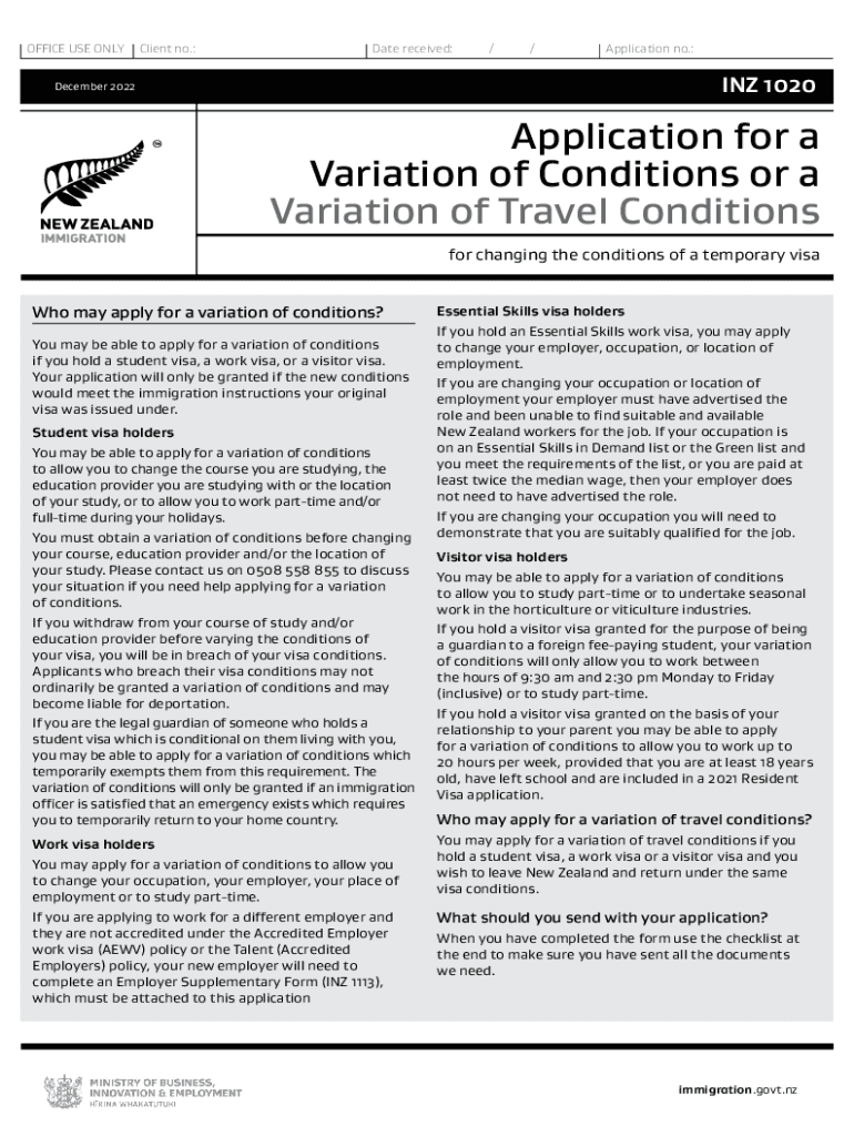  INZ 1020 Application for a Variation of Conditions 2022-2024