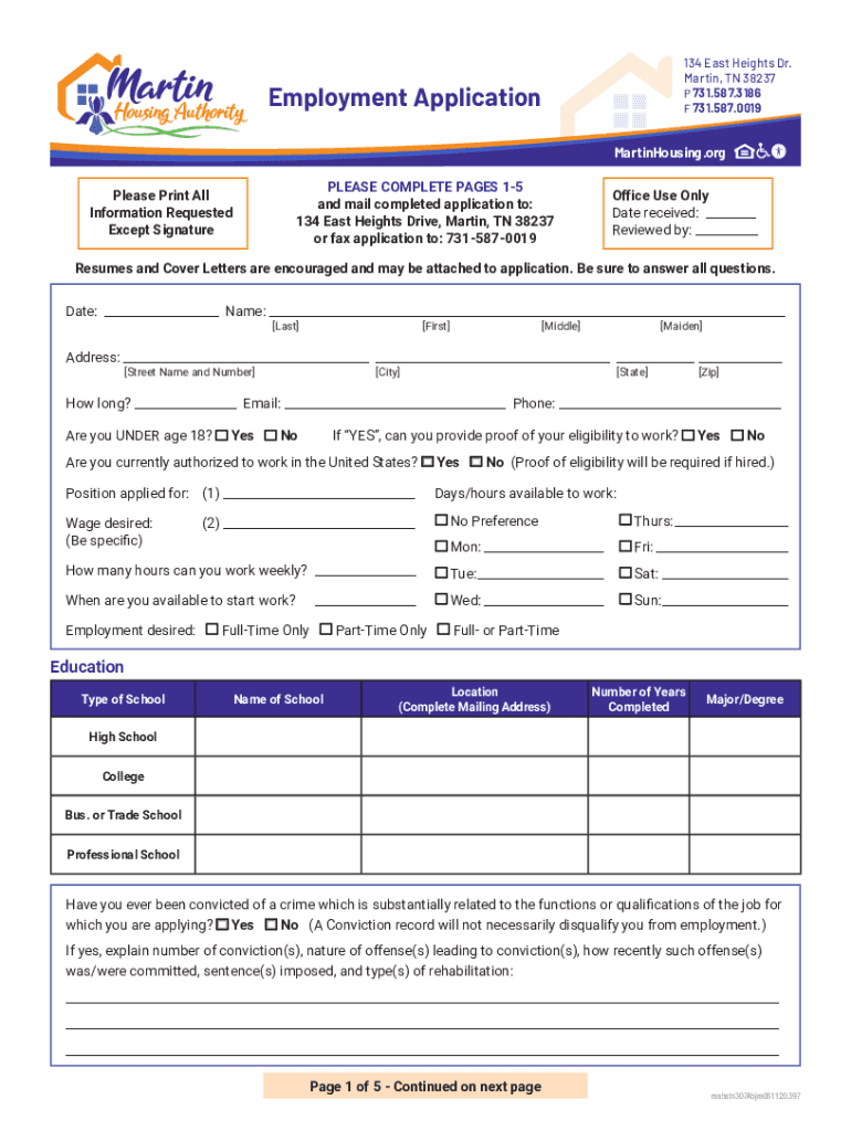 Employment Application Martin Housing Authority  Form