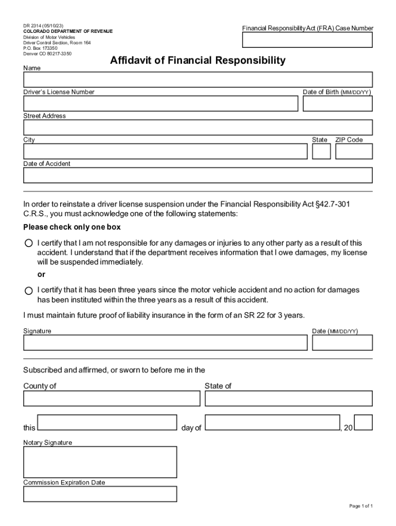 DR 2314 and Affidavit of Financial Responsibility If You Are Using a Screen Reader or Other Assistive Technology, Please Note Th  Form