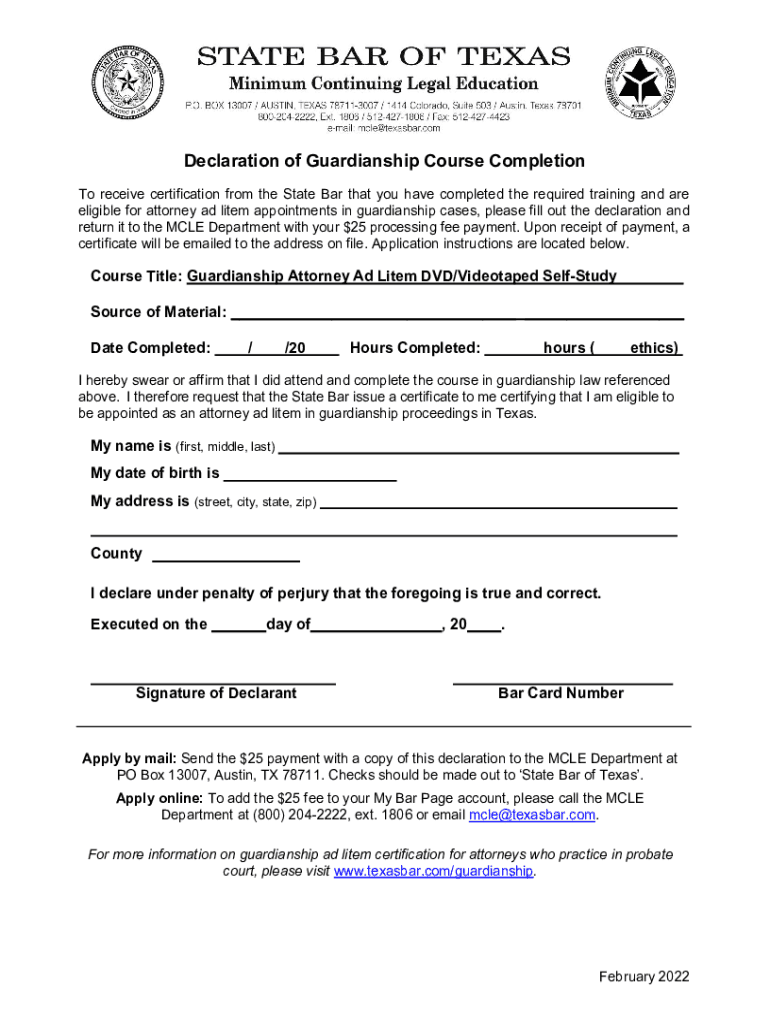 State Bar of Texas Guardianship Certification  Form
