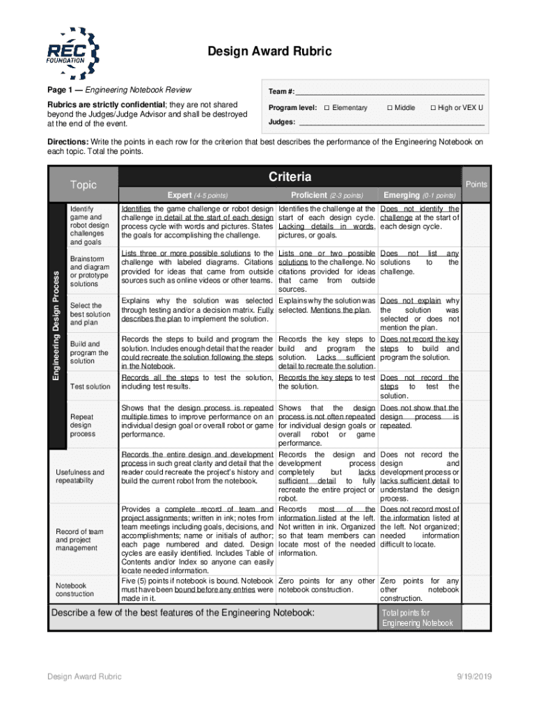  Vex Design Award Rubric Fill Out &amp;amp; Sign Online 2019-2024