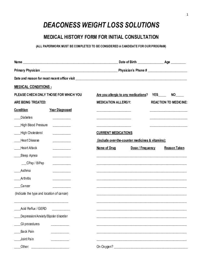 Deaconess Weight Loss Solutions Medical History Form for Initial