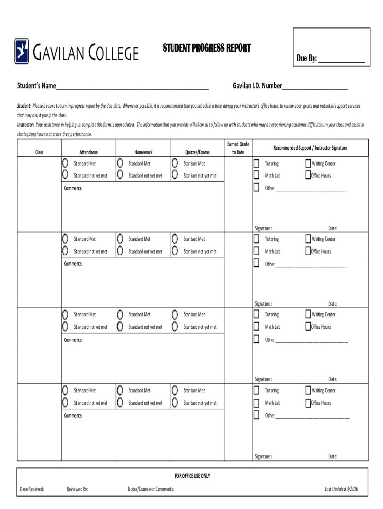 ResetSTUDENT PROGRESS REPORT Students NameDue B  Form