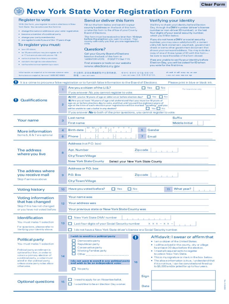  Voter Registration New York Fill and Sign Printable Template 2023-2024