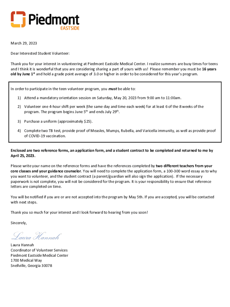 Piedmont Eastside Teen Volunteering You Must Be 16 Years Old by June 1st and Hold a Grade Point Average of 3 0 or Higher in Orde  Form