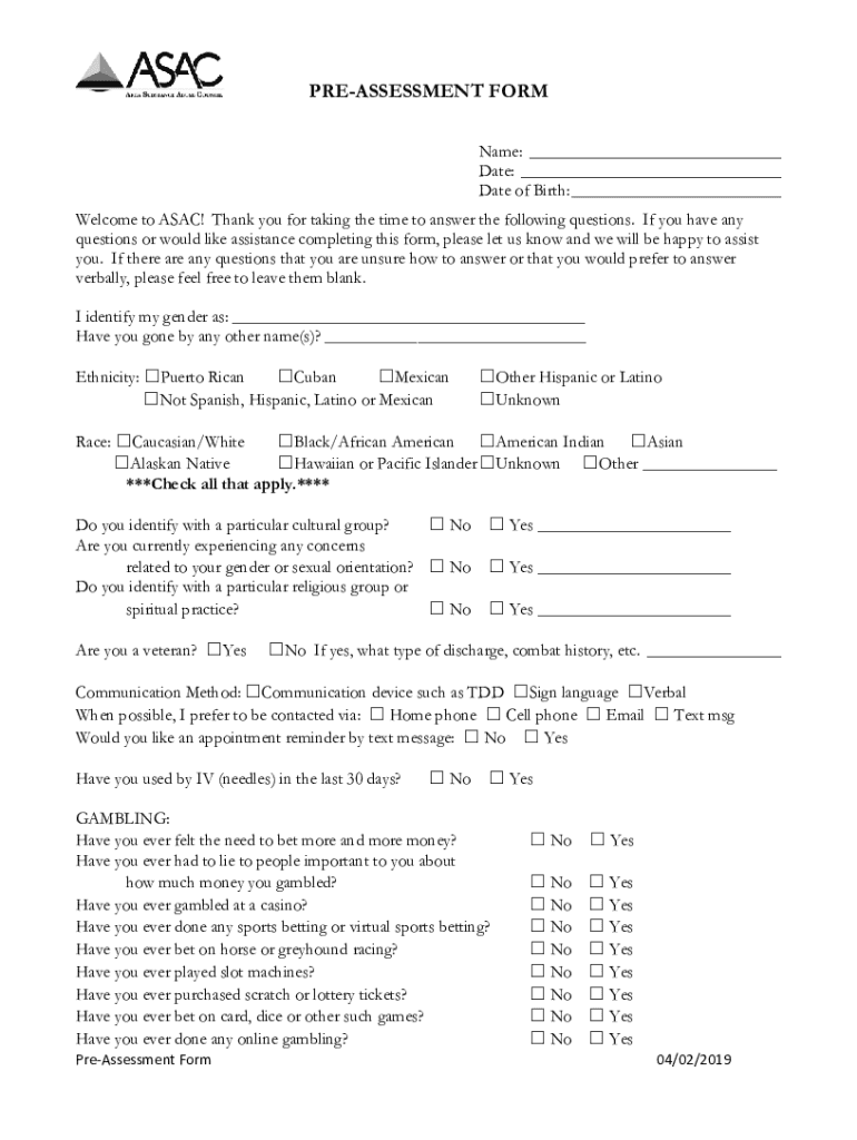 PREASSESSMENT FORM Name Date Date of Bir