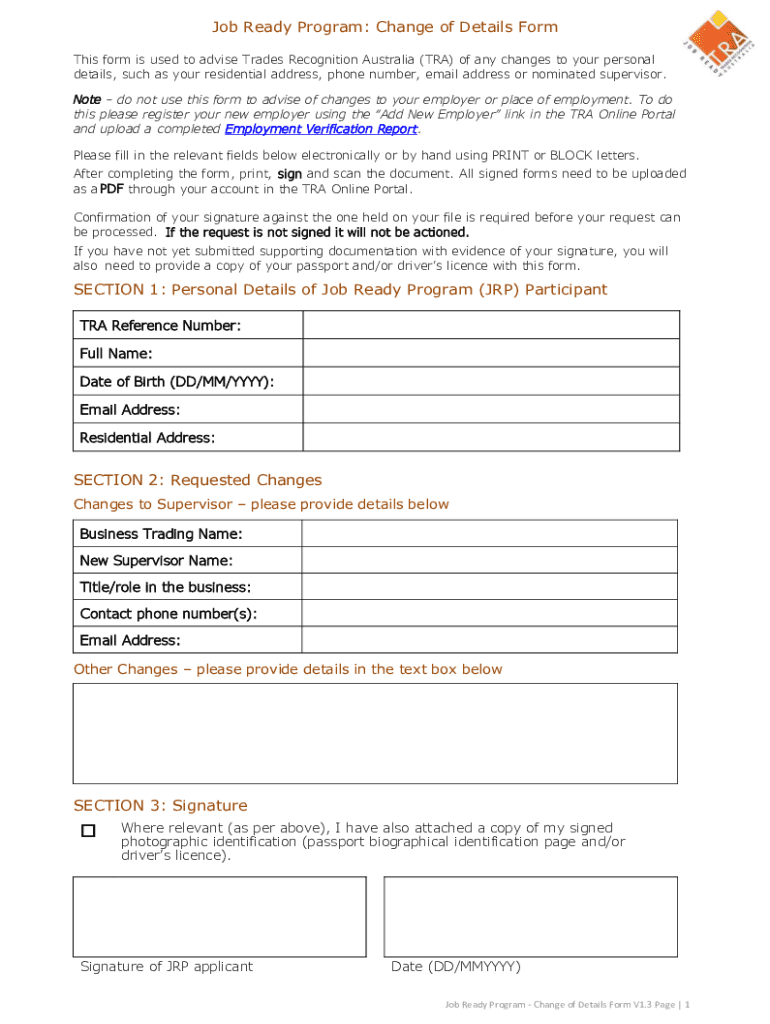 Job Ready Program Change of Details Form SECTION 1 Personal