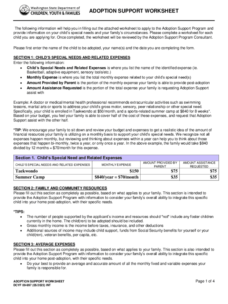 Adoption Support Worksheet  Form