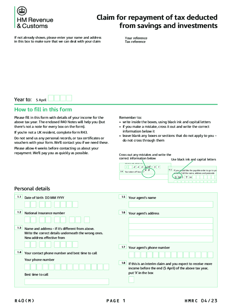  R40 Claim for Repayment of Tax Deducted from Savings 2023-2024