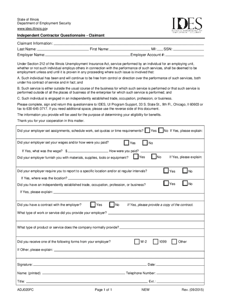 ADJ020FC Independent Contractor Questionnaireclaimant under Section 212 of the Illinois UI Act, Service Performed by an Individu