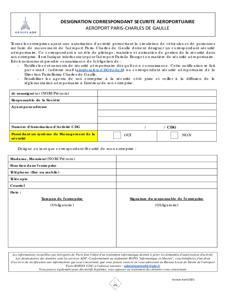 DESIGNATION CORRESPONDENT SECURITY AEROPORTUAIRE a  Form