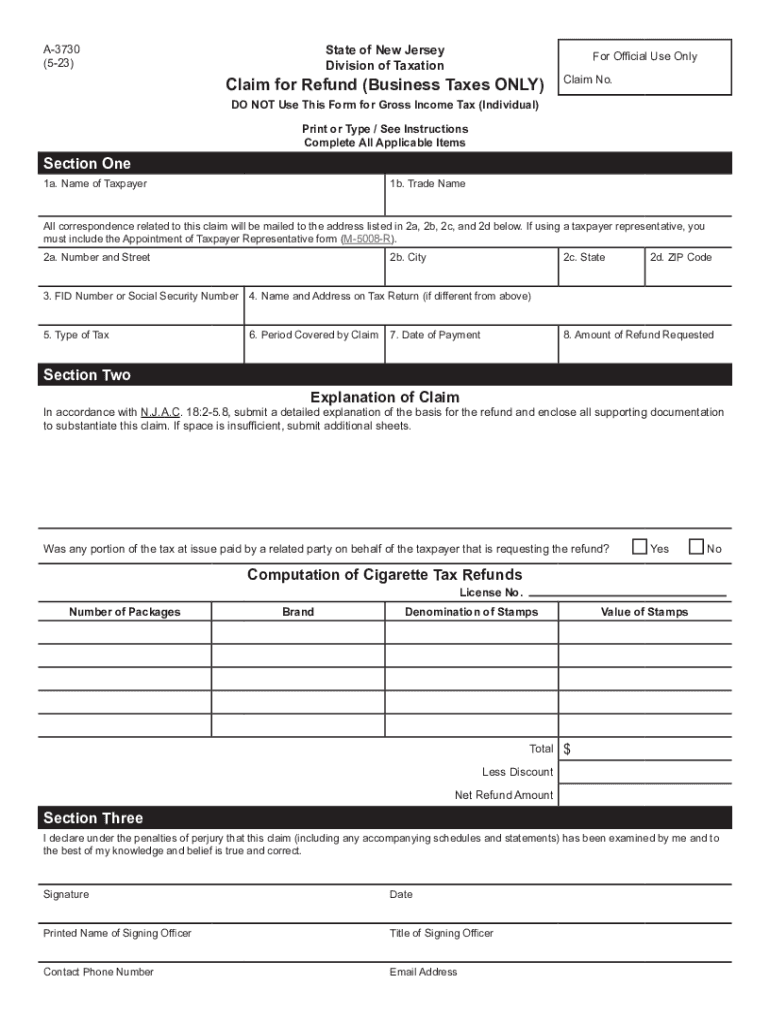  State of New Jersey Division of Taxation CLAIM for 2023-2024