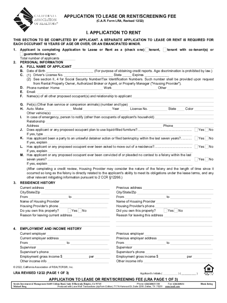 APPLICATION to LEASE or RENTSCREENING FEE I  Form