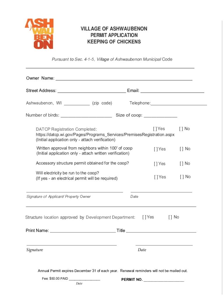 Fillable Online VILLAGE of ASHWAUBENON PERMIT  Form