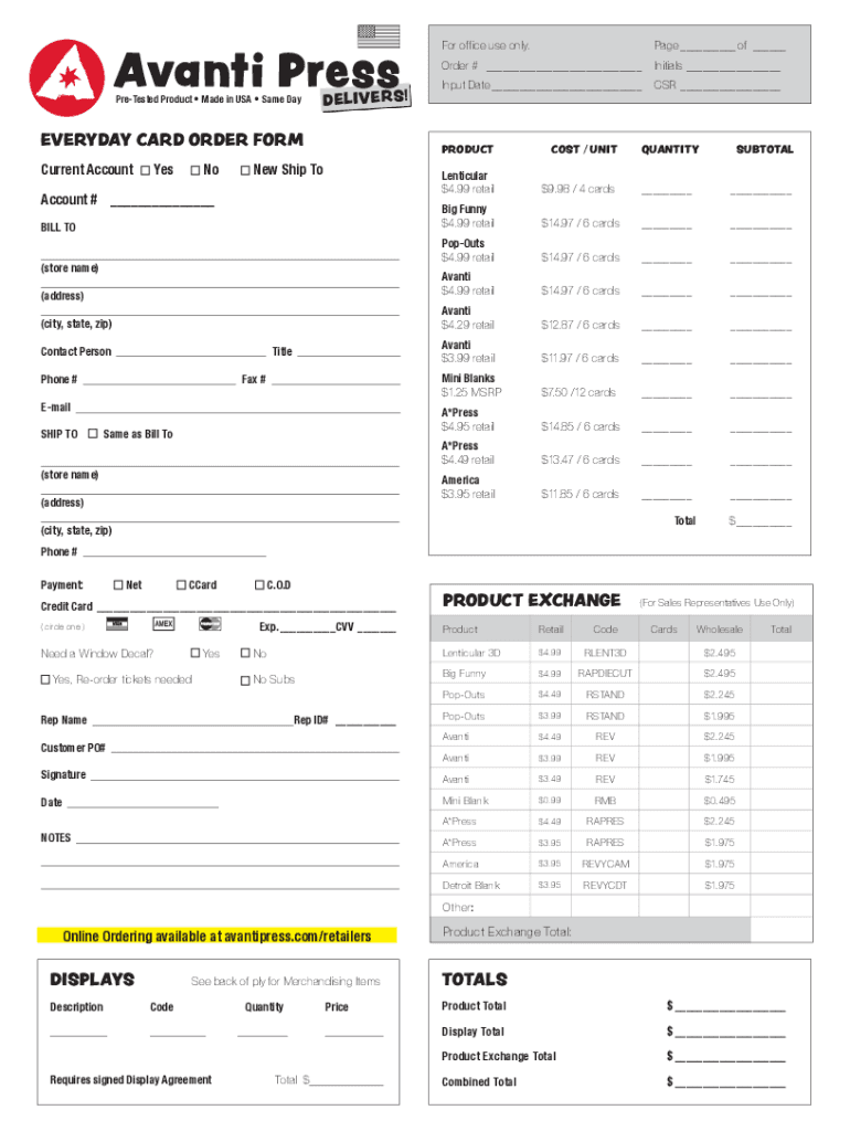 Your Avanti Greeting Card Reorder Center  Form