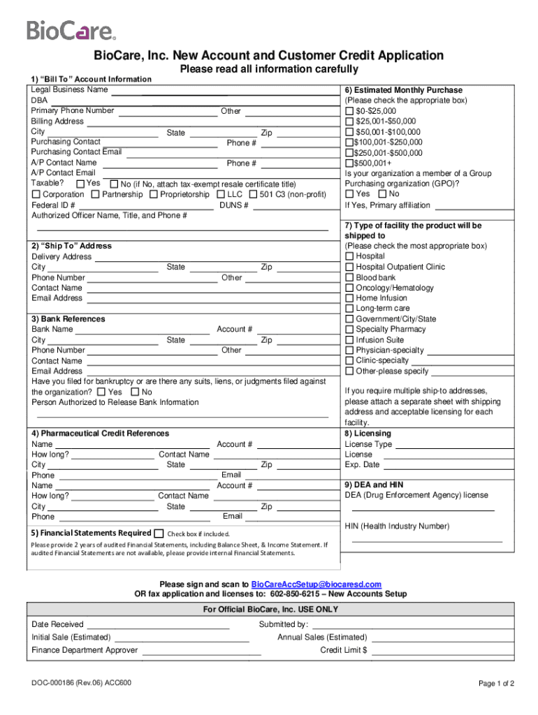 BioCare, Inc New Account and Customer Credit Application  Form