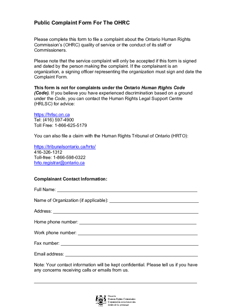 Public Complaint Form for the OHRC