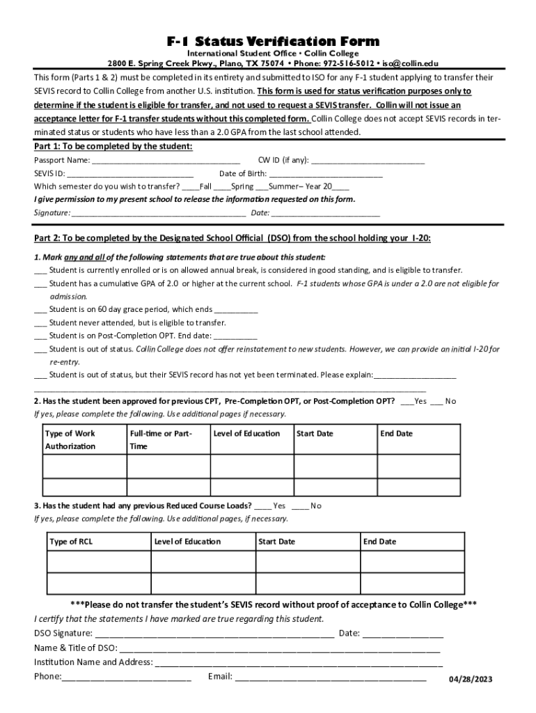 F 1 Status Verification Form Collin College