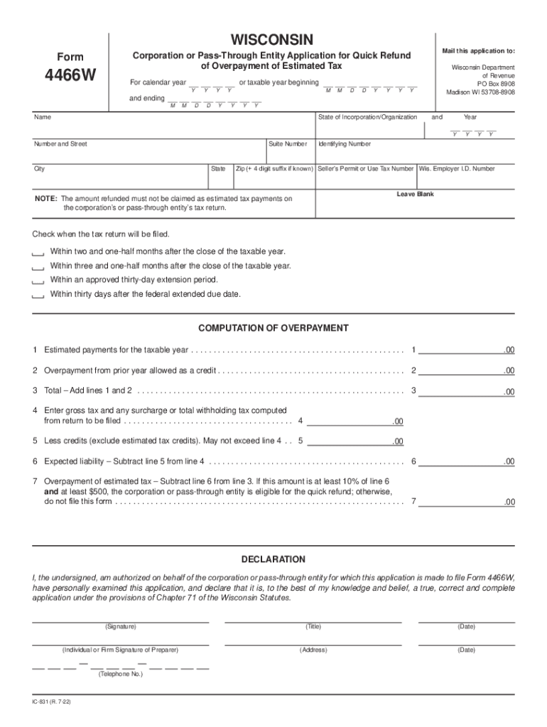  About Form 4466, Corporation Application for Quick 2022