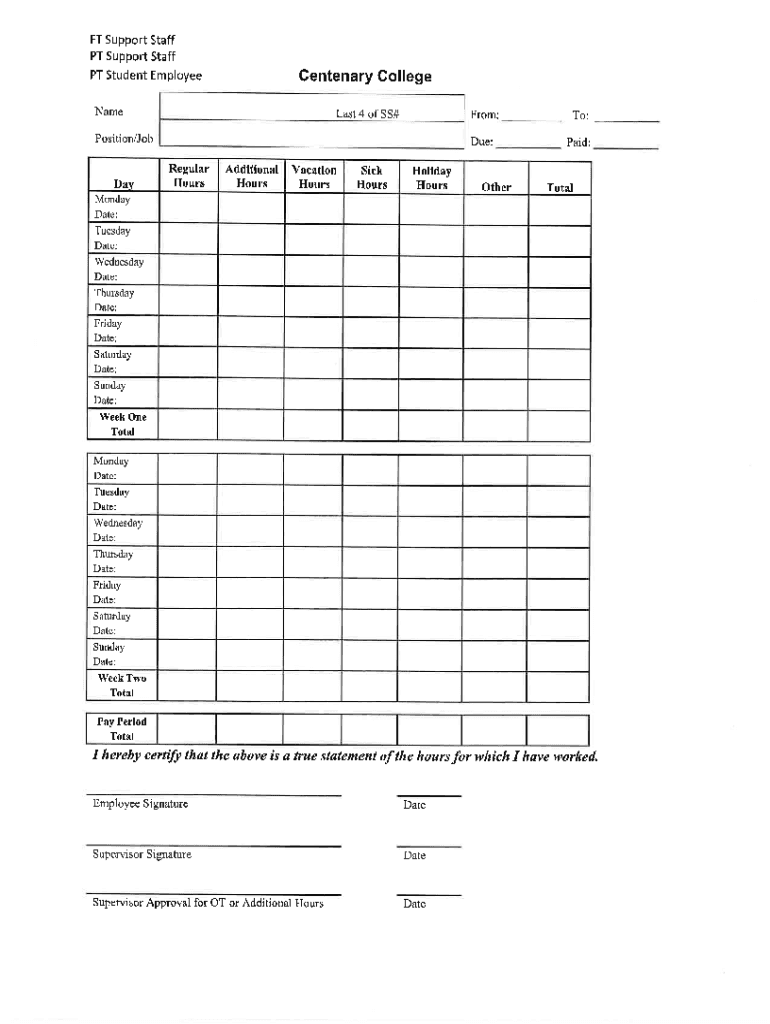 FT Support Staff PT Student Employee Centenary Col  Form