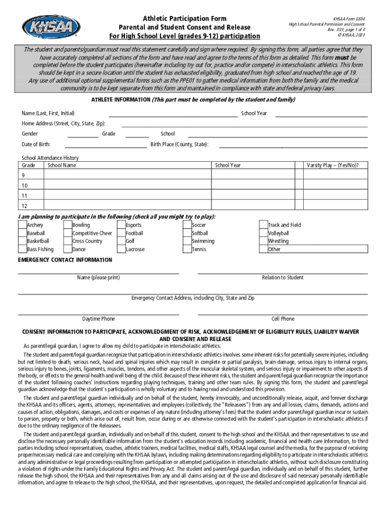  KHSAA Form GE04 High School Parental Permission and 2023-2024