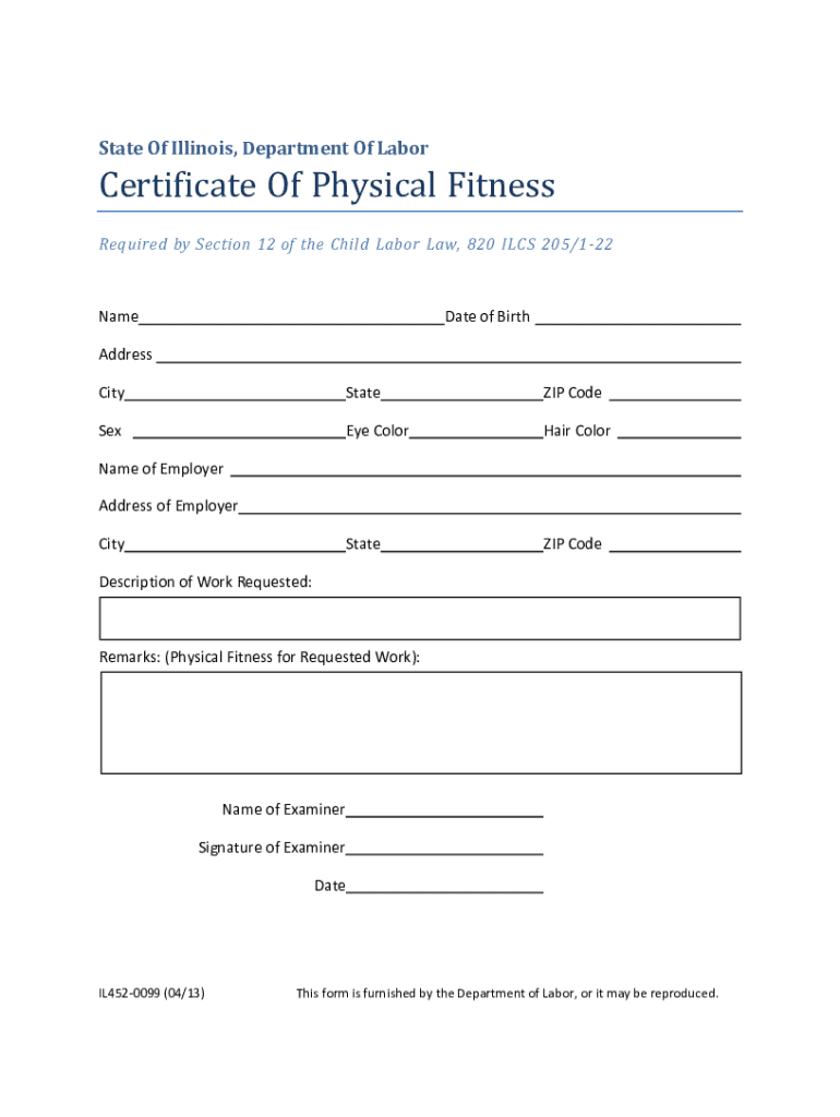  Certificate of Physical Fitness Illinois Department of Labor 2013-2024