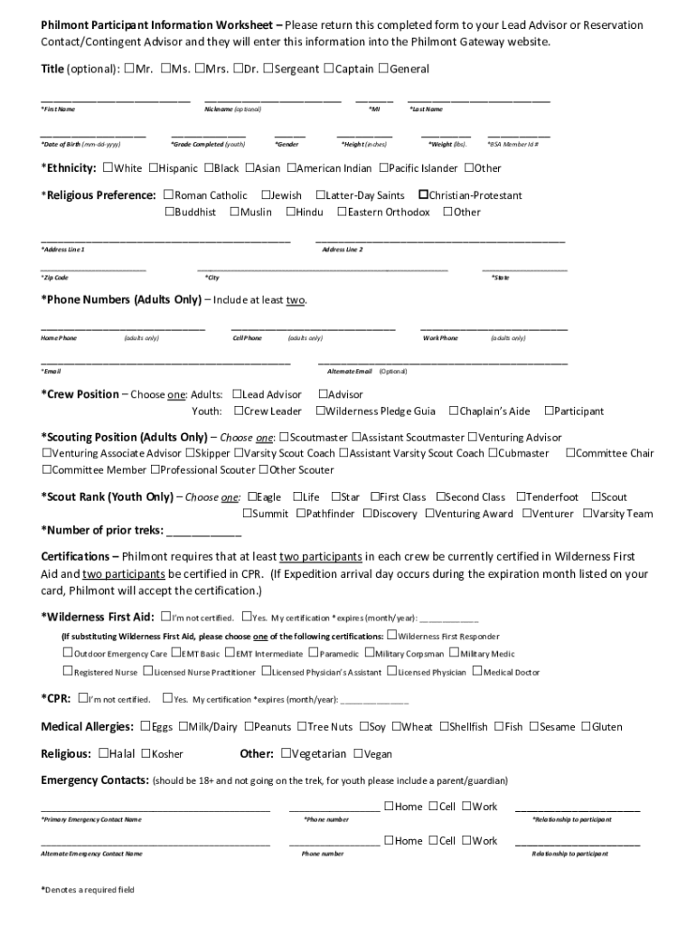  Philmont Participant Information Worksheet Fill Out and 2023-2024