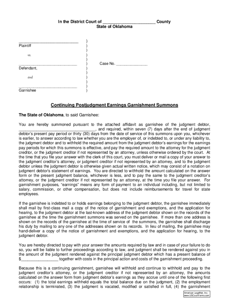  Continuing Postjudgment Earnings Garnishment Summons 2005-2024