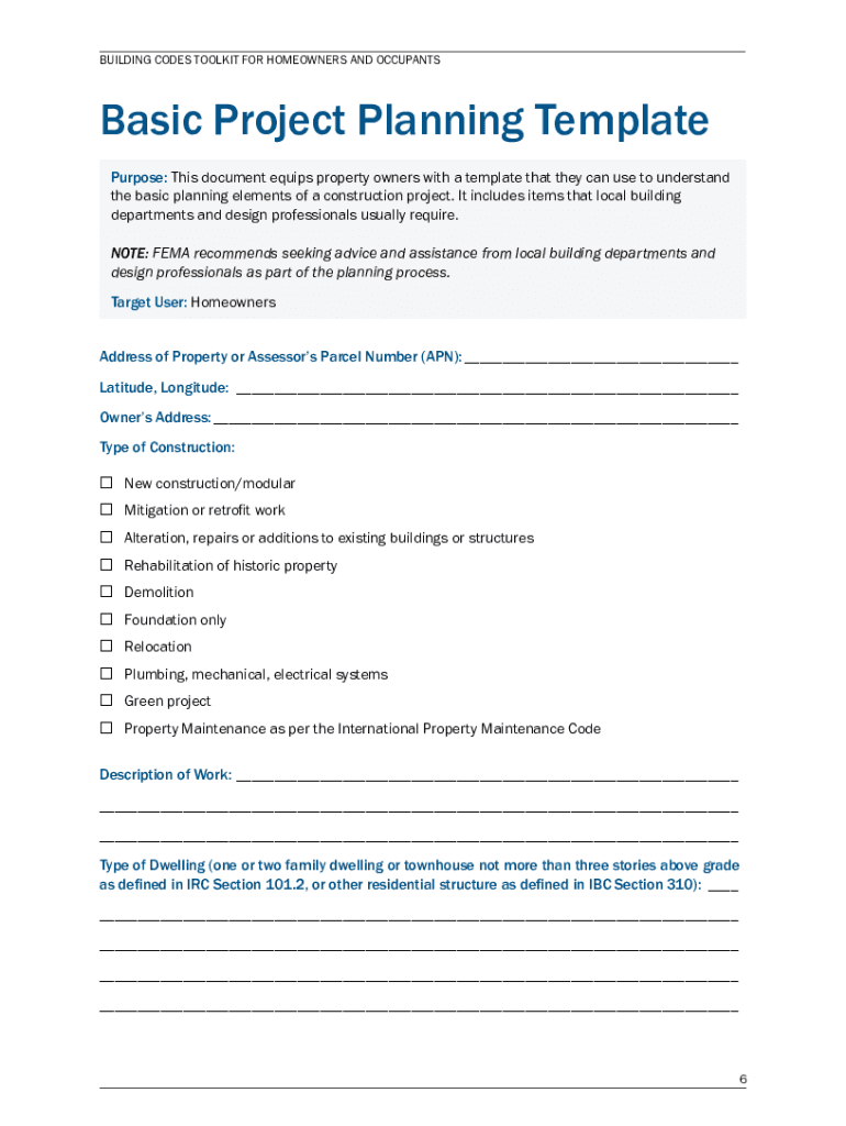 Basic Project Planning Template Building Codes  Form