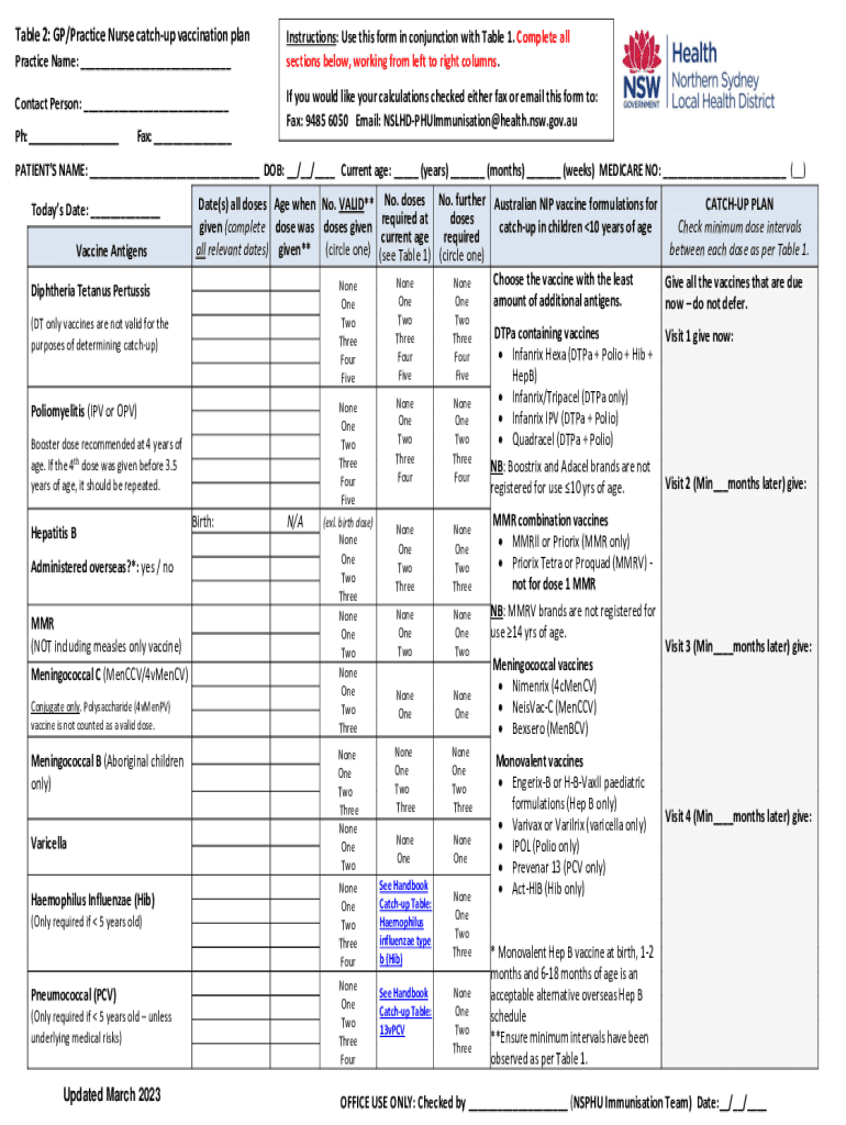 Catch Up Immunization Schedule for Children, Birth 18 Years  Form